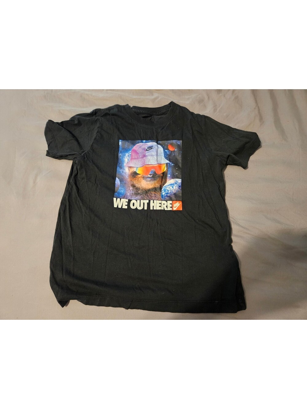 Nike Black Graphic T-Shirt with Bear and 'We Out Here' Print Size L